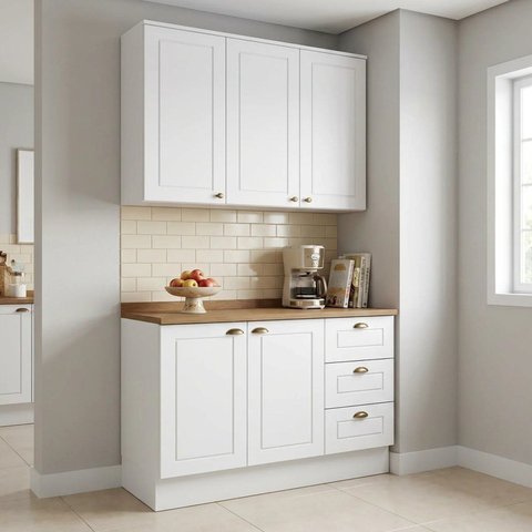 Cozinha Compacta Modulada 2 Peças 100% MDF com Armário Aéreo e Balcão com Tampo 120cm Branca Emily
