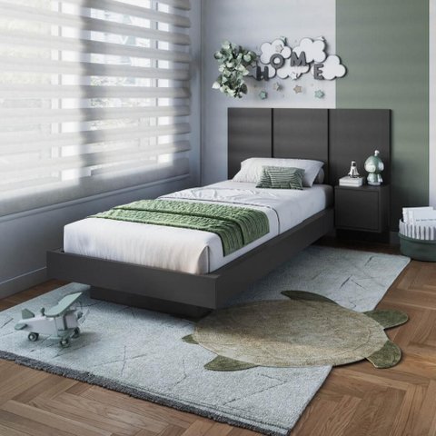 Cama Solteiro com Cabeceira 122cm e Mesa Cabeceira Suspensa Cor:grafite