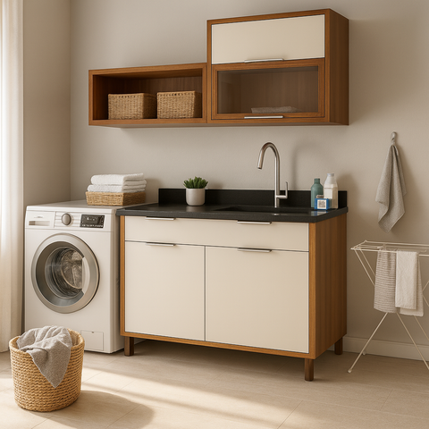 Conjunto Armários Modular para Lavanderia Balcão 120cm + Aéreos 160cm Armazenamento Mdf Multiuso:off