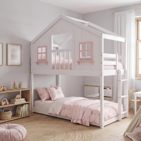 Beliche Infantil Montessoriano com Varanda Casinha Dos Sonhos Madeira Maciça Branco/Rosa Housin