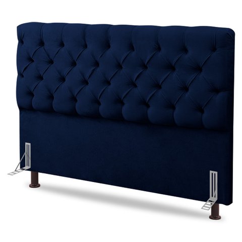 Cabeceira Cama Box Casal Queen Size Lylla 160cm Capitonê com Frame Veludo Azul Marinho - Desk Design