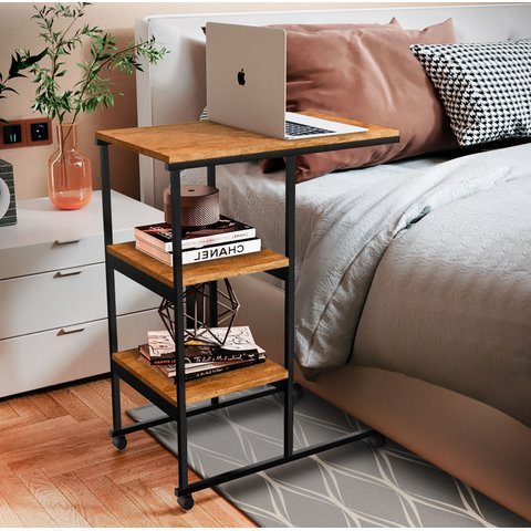 Mesa Auxiliar Apoio Lateral Aço com Rodinhas Sofá Notebook Canela