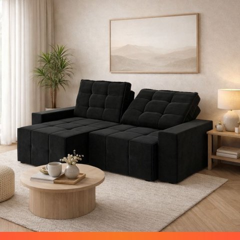 Estofado Lisboa 2.10 Metros Sofá Retrátil Reclinável 3 Lugares Suede com Espuma D-26 - Preto