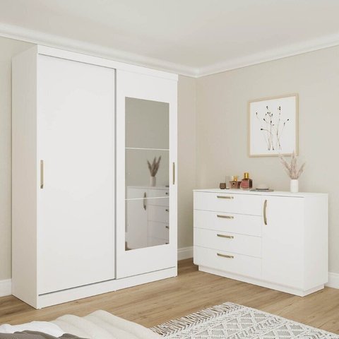 Kit Guarda Roupas 2 Portas e Cômoda Araçá CabeCasa MadeiraOriginals Branco