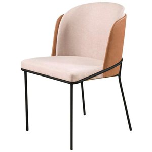 Cadeira Aurora Linho Bege Couro Caramelo Metal Preto