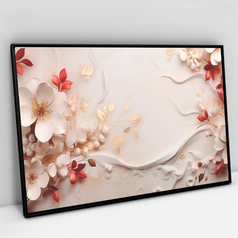 Quadro Decorativo Floral Luxo Flores em Tela Canvas Tacolado Moldura Flutuante 4,5cm Preta 80 X 120c
