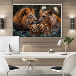 Quadro Decorativo Familia Leao Leoa Dois Filhotes Nas Folhas Sala Quarto Casa Escritório - 1