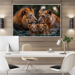 Quadro Decorativo Familia Leao Leoa Dois Filhotes Nas Folhas Sala Quarto Casa Escritório