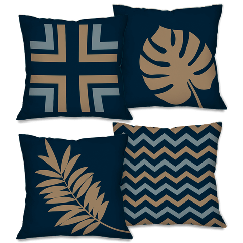 Kit com 4 Capas para Almofadas Decorativas Folhas Azuis
