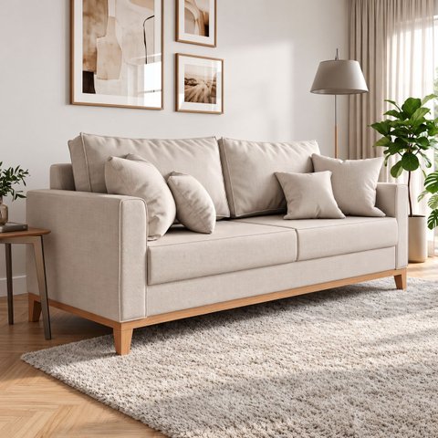 Sofá Living Beny 3 Lugares 180cm Linho Base Madeira - Bege