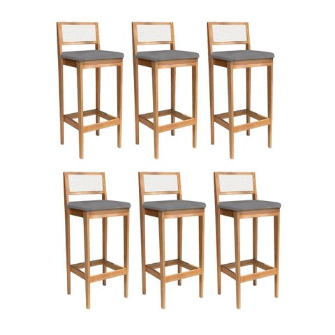 Kit 6 Banquetas Estofada Mel com Linho Chumbo com Encosto Palhinha Bruna