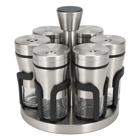 Porta Temperos Giratório Inox com 6 Potes de Vidro com Visor Design Sofisticado Premium