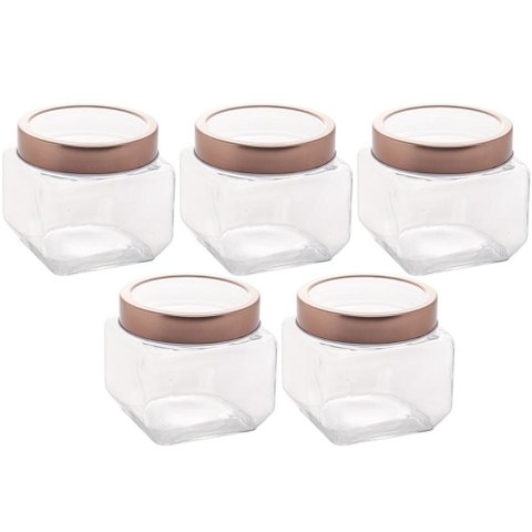 Kit 5 Potes de Vidro Tampa Metal Rose Gold 800ml Gastro Lyor Porta Mantimentos Doces