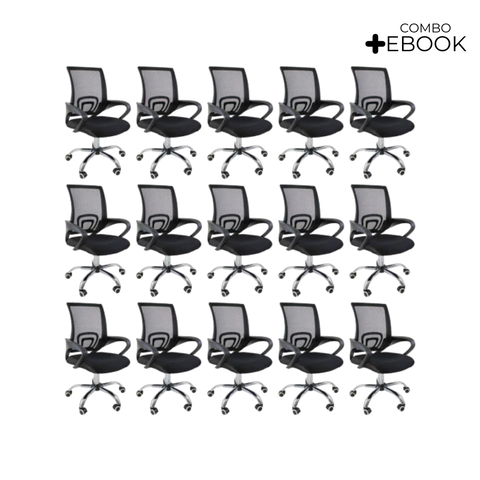 Kit 15 Cadeiras de Escritório Begonia Tela Mesh Ergonômico - Preto + E-book
