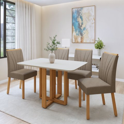 Conjunto Sala de Jantar 4 Lugares Retangular Tampo MDF Mesa Bold com Cadeiras Pés Madeira Jade Bege Amêndoa Clean/ Off White/Animale Bege