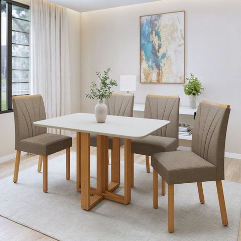 Conjunto Sala de Jantar 4 Lugares Retangular Tampo MDF Mesa com Cadeiras Pés Madeira Jade