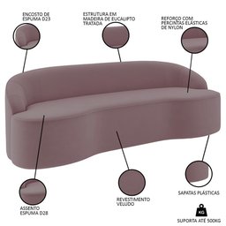 Sofá 5 Lugares para Sala de Estar Living 300cm Theo D06 Veludo Rosa - Mpozenato - 3