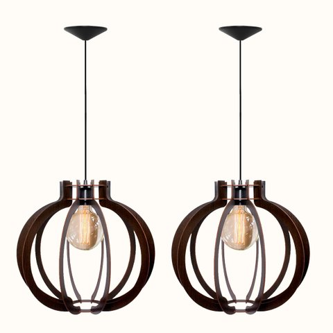 Kit 2 Luminárias Lustre Pendente Vazado Aletado Madeira Soq E27 44cm X 40cm Cor:cafe