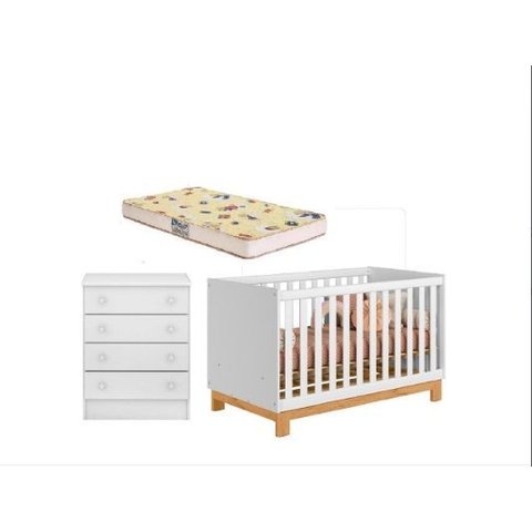 Quarto Infantil com Berço Colchão e Cômoda Americano Branco Acetinado