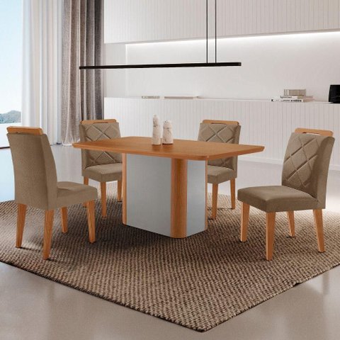 Mesa de Jantar Isadora Mdf com 4 Cadeiras Moderna Mobilia Veludo Capuccino/naturalle Laminado