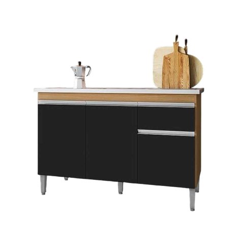 Balcão de Pia sem Tampo 120 Cm 3 Portas 1 Gaveta Talita Amêndoa/preto