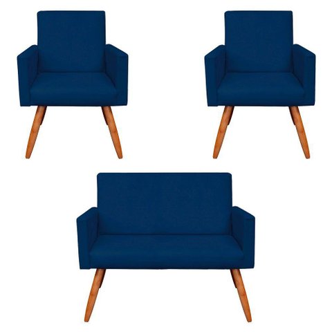 Kit 2 Poltronas e Namoradeira Nina Suede Azul Marinho