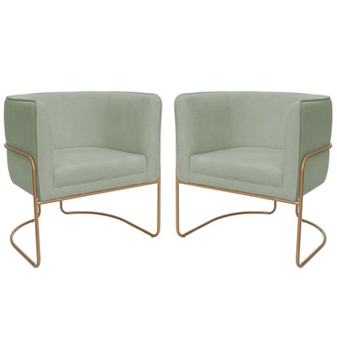 Kit 02 Poltronas Decorativas Betina Base Aço Ouro Fosco Bouclé Verde Claro - Nexta Casa