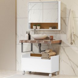 Kit Armário De Banheiro Inferior E Aéreo Branco/Nature - 2