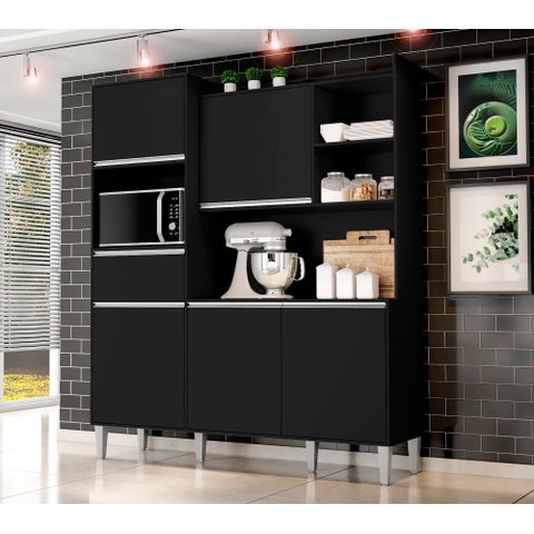 Cozinha Compacta Kit Isabel 5 Portas 1 Gaveta e Nicho P/ Microonda - Preto Ajl