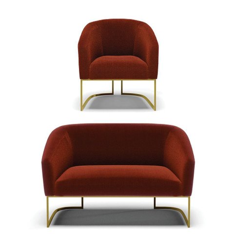 Sofá Namoradeira e Poltrona Base Industrial Dourado Stella Bouclê D03 - D'Rossi Cor Terra