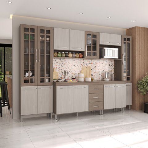Armário de Cozinha Modulada Completa Fidelitá Paris 6 Peças 295cm 15 Portas 3 Gavetas com Tampo