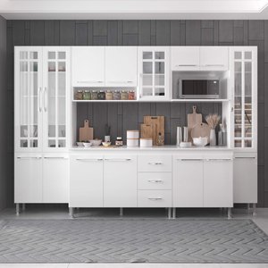Armário de Cozinha Modulada Completa Fidelitá Viena 6 Peças 295cm 15 Portas 3 Gavetas com Tampo