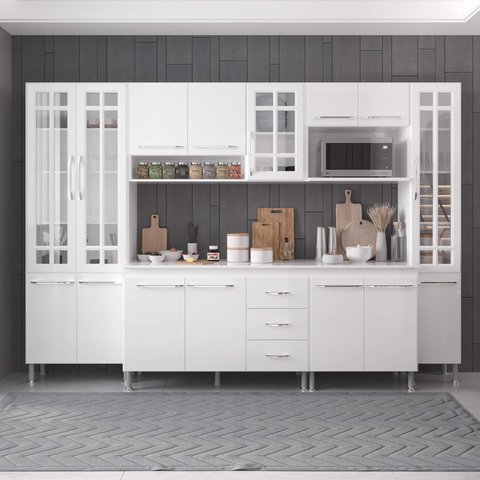 Armário de Cozinha Modulada Completa Fidelitá Viena 6 Peças 295cm 15 Portas 3 Gavetas com Tampo