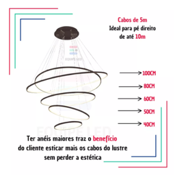 Lustre Pendente Moderno Dourado 5 Aneis Arcos 100cm Pé Direito Duplo Preto Bivolt Equipe Led - 5