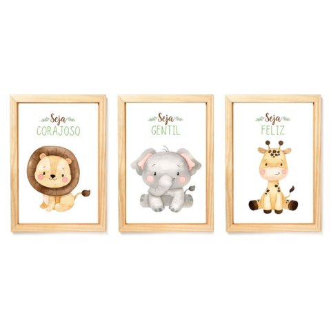 Kit 3 Quadros Decorativos - Safari Aquarela :preta