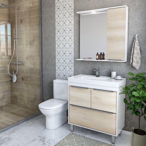 Conjunto de Banheiro Malibu 80cm, Cuba + Espelheira e LED, 3 Portas C00D84011 Branco/Bege - Ozini