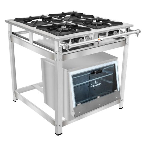 Fogão Serv Kenok 4 Bocas 2 Duplas Baixa Pressão com Forno Brilho 84 Litros Inox