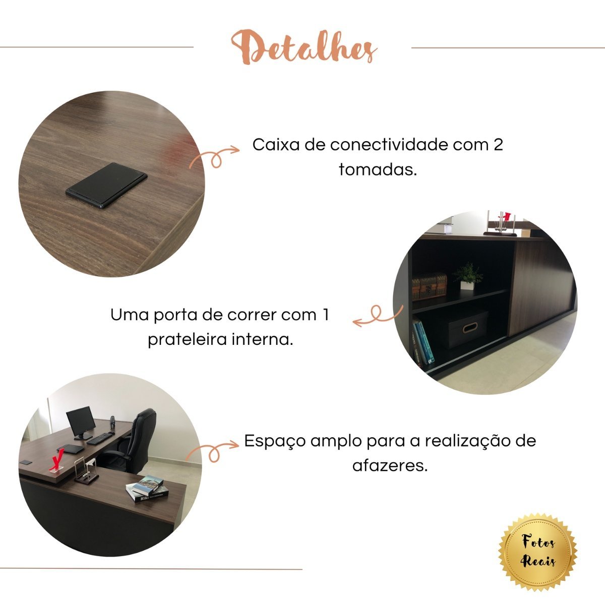 Mesa para Escritório em L com Tomada 2 Gavetas Tamburato Connect - Charuto/preto - 5