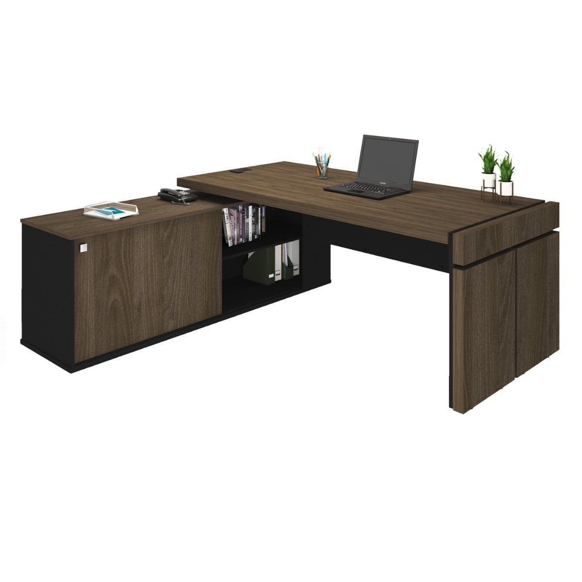 Mesa para Escritório em L com Tomada 2 Gavetas Tamburato Connect - Charuto/preto - 9