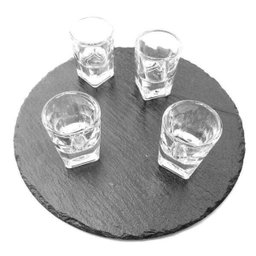 Tabua Em Ardosia Preta Com 4 Copinhos Licor - Redonda - 20Cm - 1