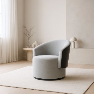 Poltrona Liz Orgânica Redonda para Sala Elegante Bouclé Cinza e Corino Preto