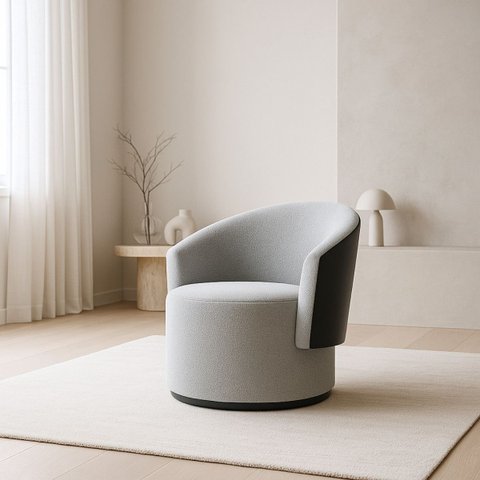 Poltrona Liz Orgânica Redonda para Sala Elegante Bouclé Cinza e Corino Preto