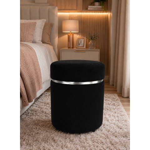 Puff Superior com Cinta Prata Preto Veludo - Let Móveis