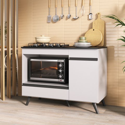 Balcão para Cooktop e Forno 105cm 1 Porta 1 Gaveta Veneza Multimóveis Mp2258 - Branco/preto