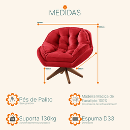 Poltrona Decorativa Pillow Top com Base Giratória Veludo Califórnia Vermelho - Sofá Casa - 4