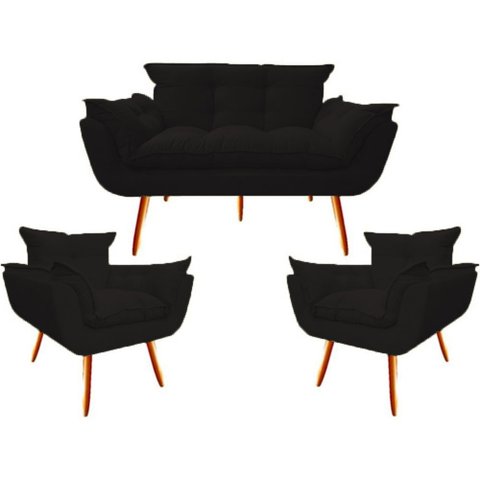 Kit Namoradeira + 2 Poltronas Decorativa Opala Suede Preto - Twdecora