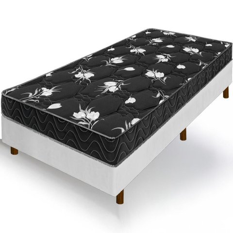 Cama Box Branca + Colchão Solteiro King Castelar Preto Espuma D33 Bordado 96x203x57cm