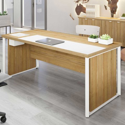 Mesa Executiva para Escritório Diretor com Caixa de Tomadas Porta Objetos 200cm Corporate Macadâmia e Branco Marrom