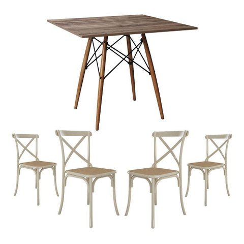 Conjunto de Mesa Eiffel Quadrado Tampo de Madeira 90cm Amêndoa com 4 Cadeiras Katrina Off White