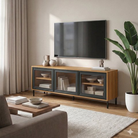 Rack para TV até 55 Polegadas 136cm 3 Portas de Vidro e 2 Prateleiras BR149